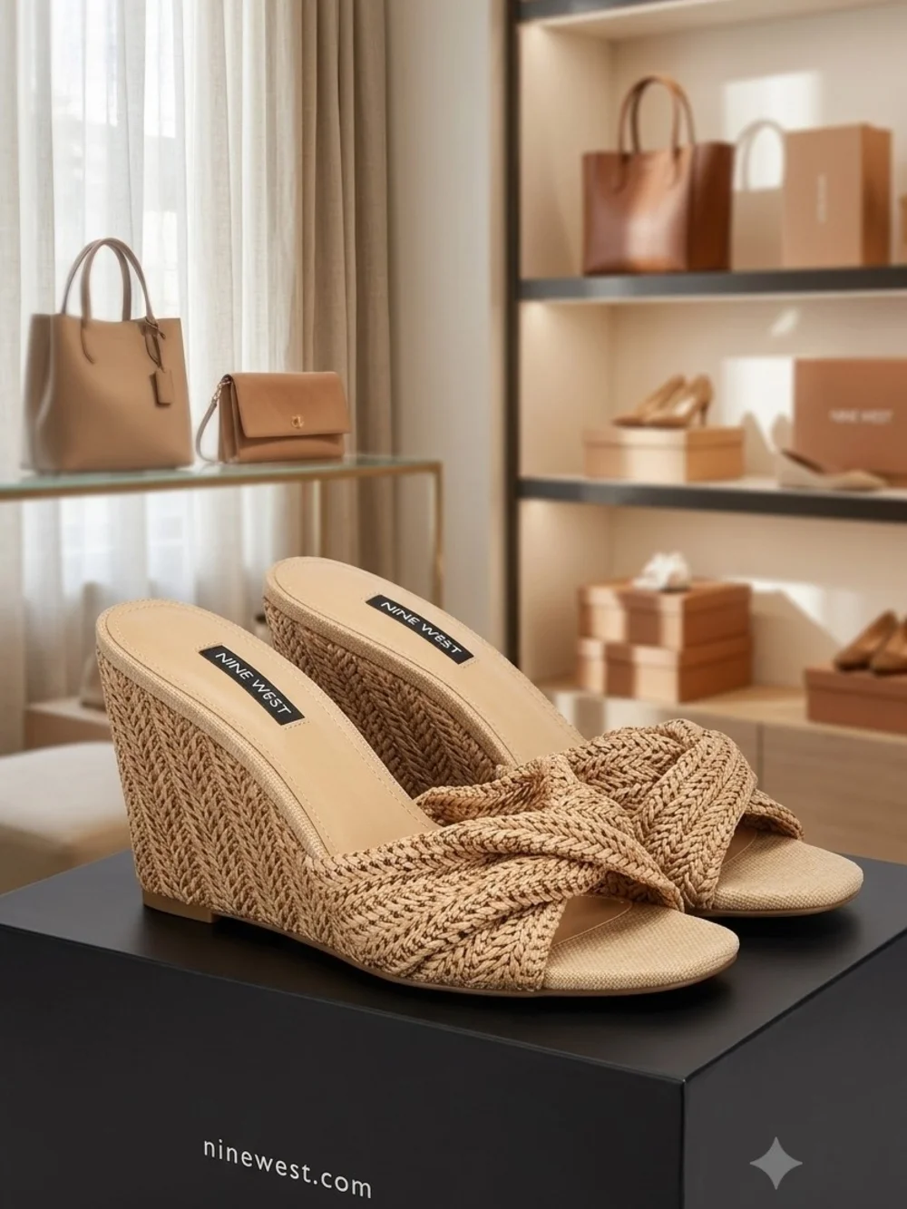 Nine West Beige Braided Wedge Slide Sandals